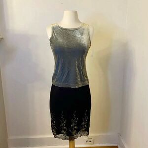 Perry Ellis Silver Velvet Tank with Black Embroidered Skirt Set